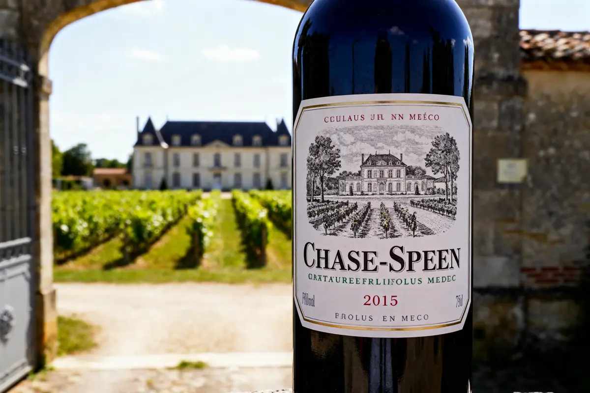 Bouteille de vin Chase-Speen 2015, vignoble en arrière-plan, château visible, ciel dégagé.