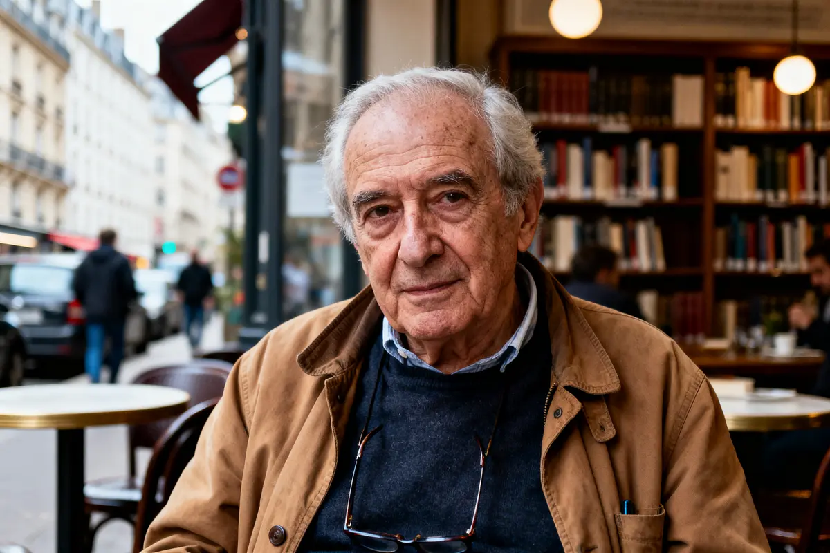 Un homme âgé assis dans un café parisien, avec des livres en arrière-plan.