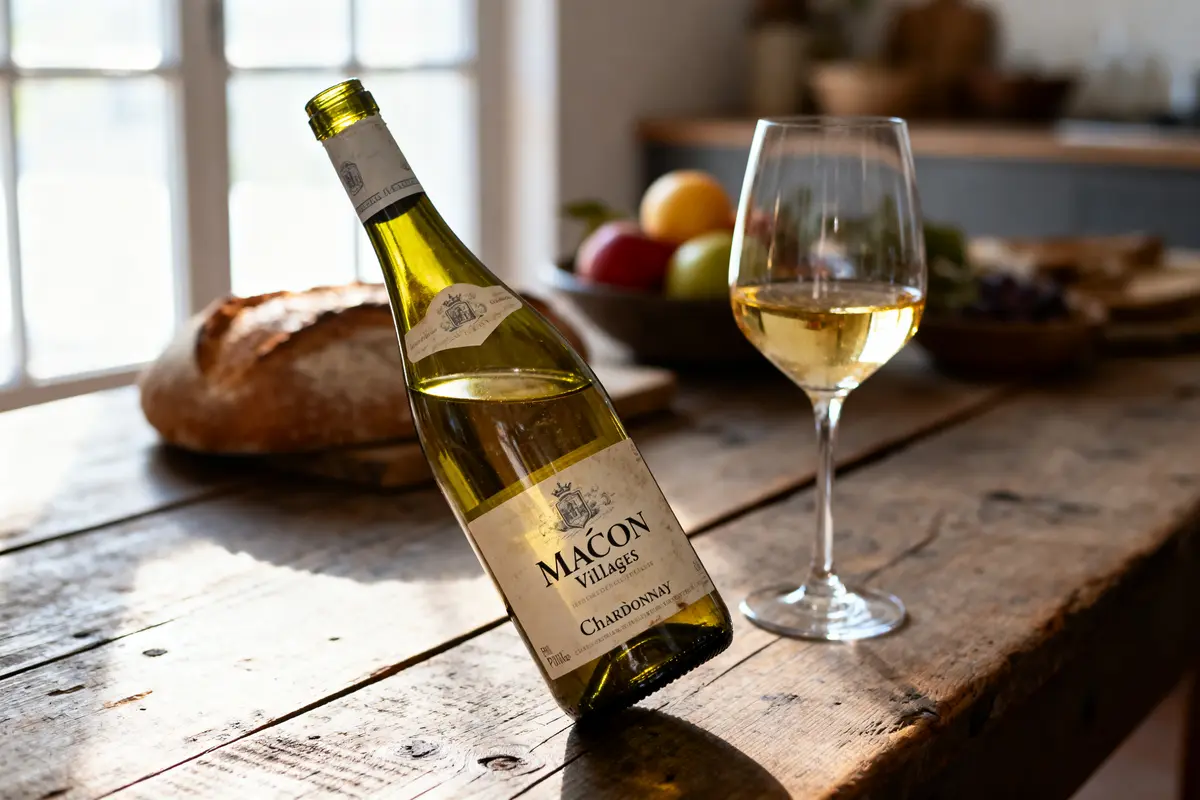 Bouteille de vin blanc et verre sur table en bois, pain et bol de fruits.