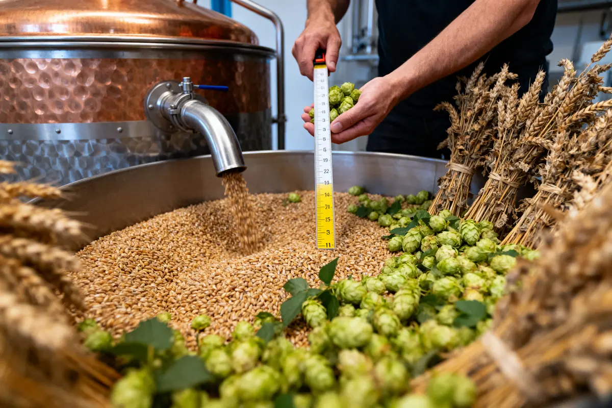 Cuve de brassage avec grains, houblon, blé. Personne mesure avec une règle graduée.