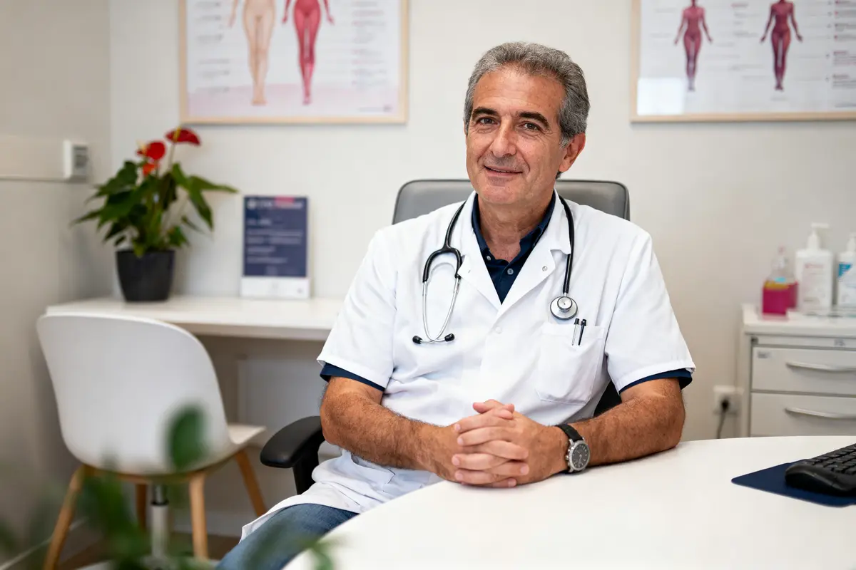 Médecin souriant en blouse blanche, stéthoscope, assis à un bureau dans un cabinet médical moderne.