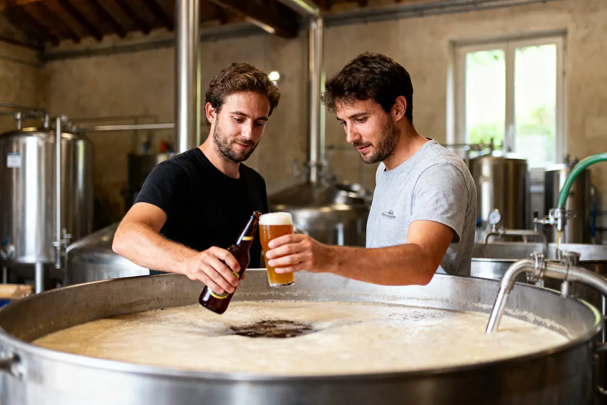 Deux hommes dégustent de la bière près d'une cuve dans une brasserie artisanale.