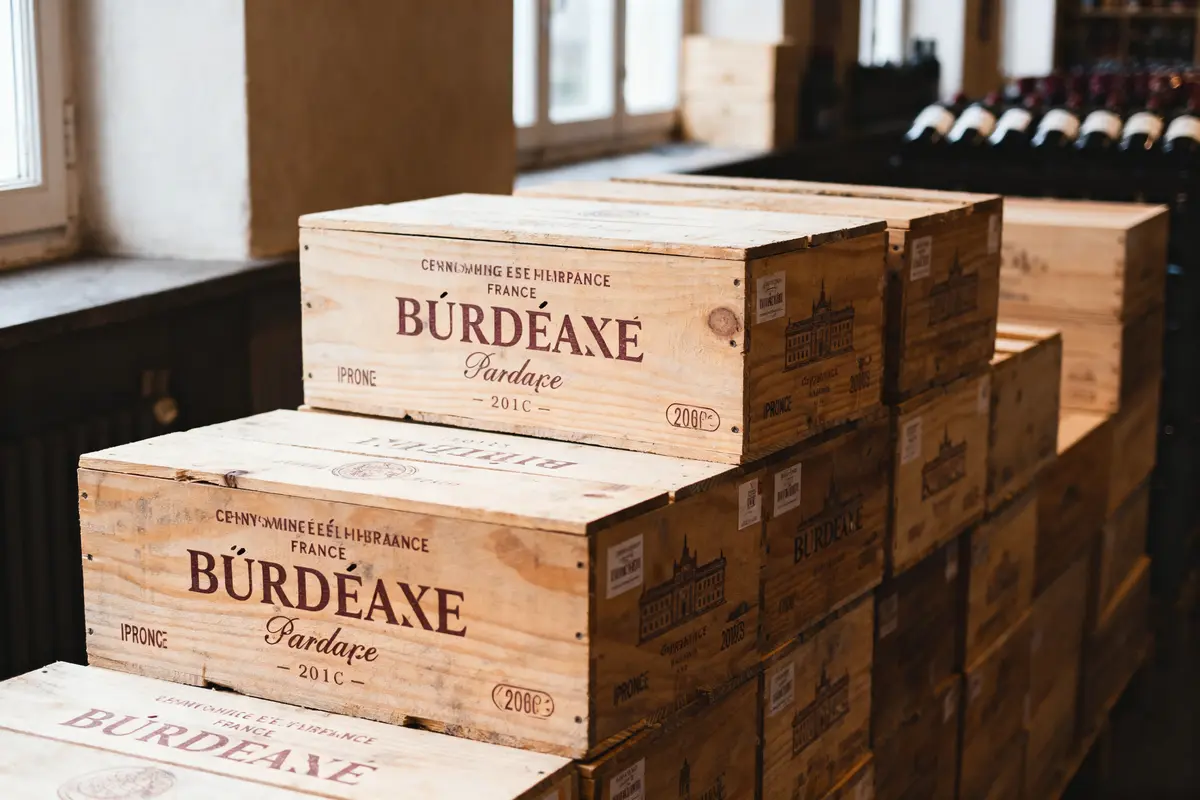 Caisses en bois empilées avec linscriptions "Burdéaxe Pardare". Fonds de bouteilles de vin visibles.