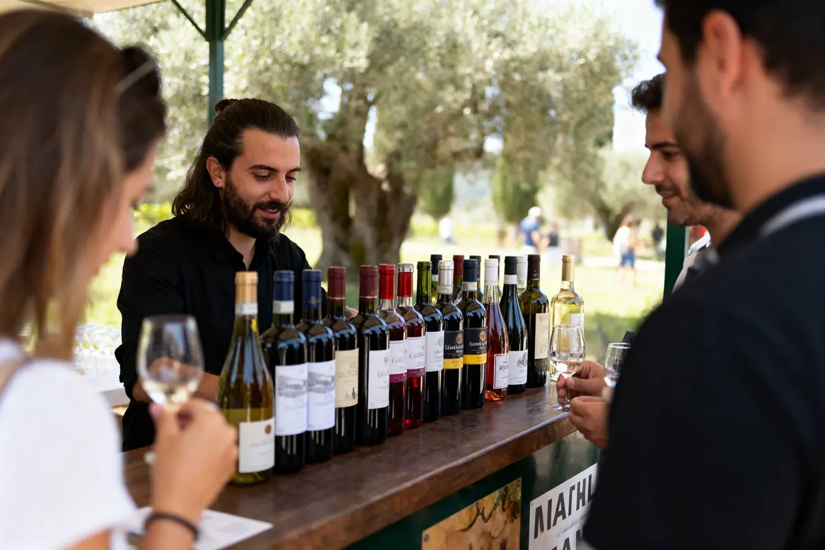 Dégustation de vin en extérieur avec plusieurs personnes autour d'un étal de bouteilles variées.