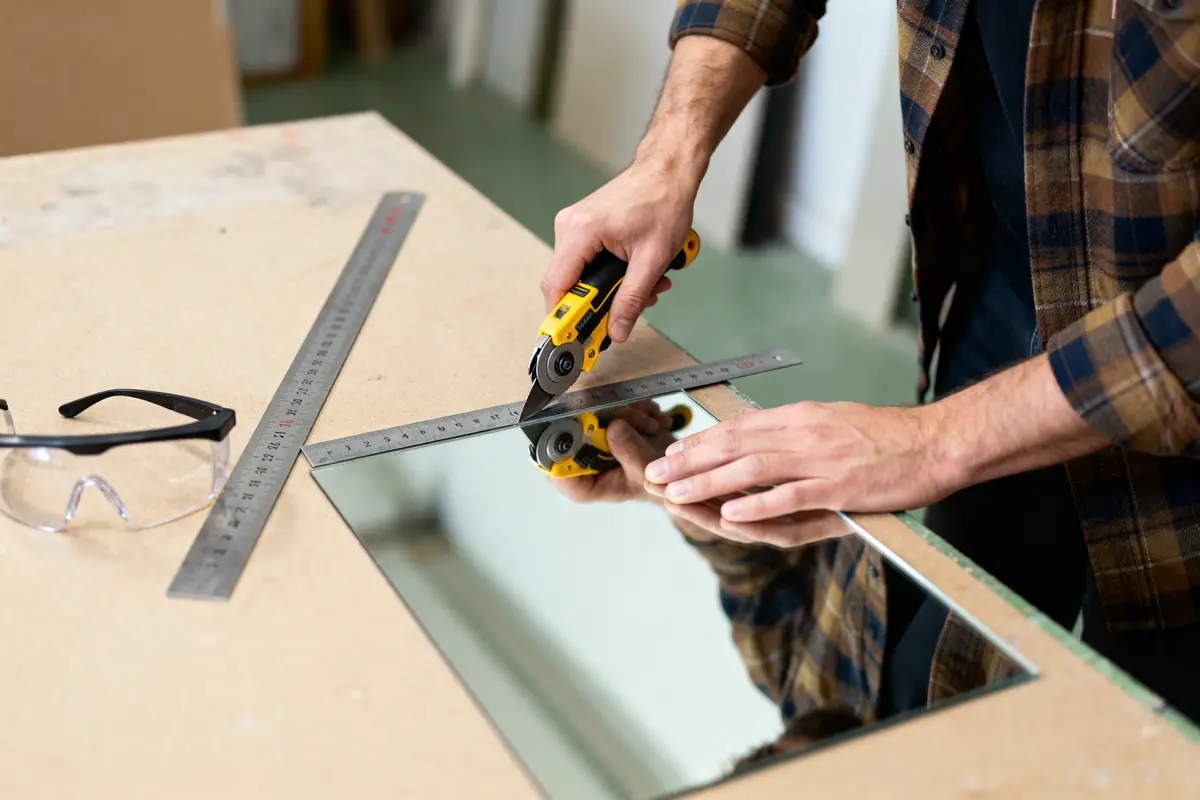 Personne découpant un miroir avec un coupe-verre, règle métallique, lunettes de protection sur table de travail.