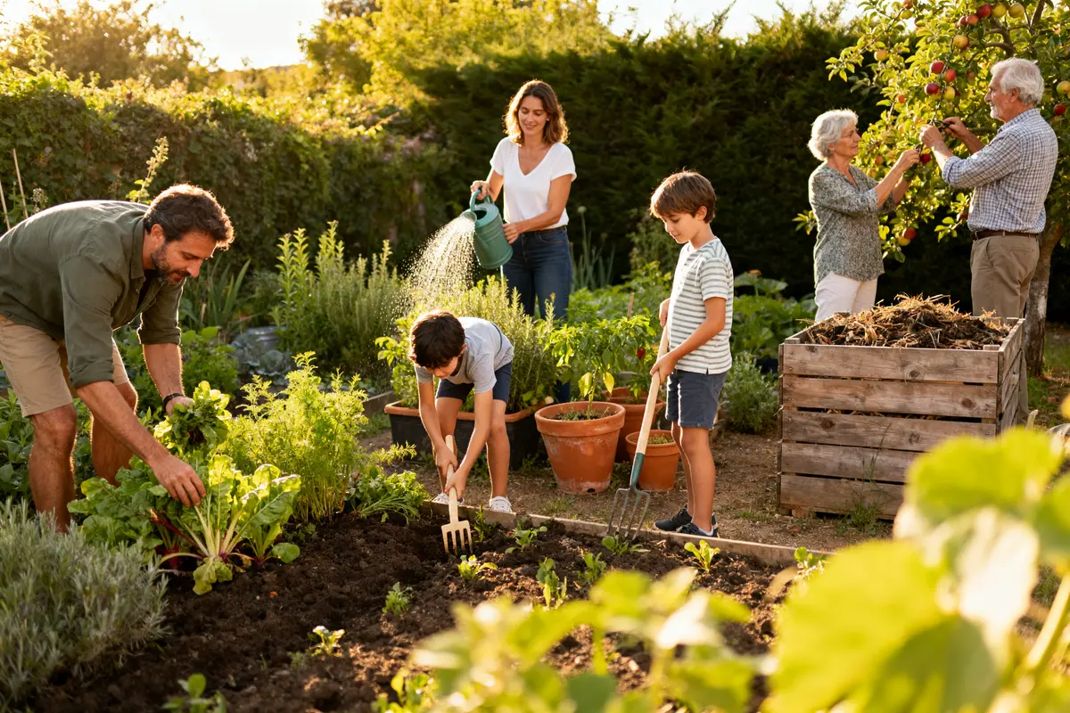 Famille de sept personnes jardinant ensemble, récoltant des légumes et arrosant des plantes dans un jardin ensoleillé.
