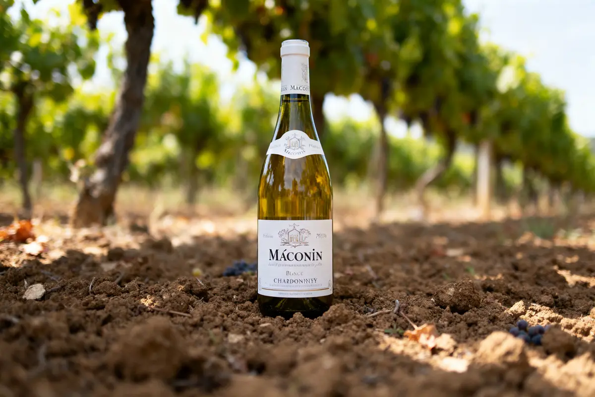 Bouteille de vin blanc Mâconin sur sol de vignoble, vignes en arrière-plan flou.