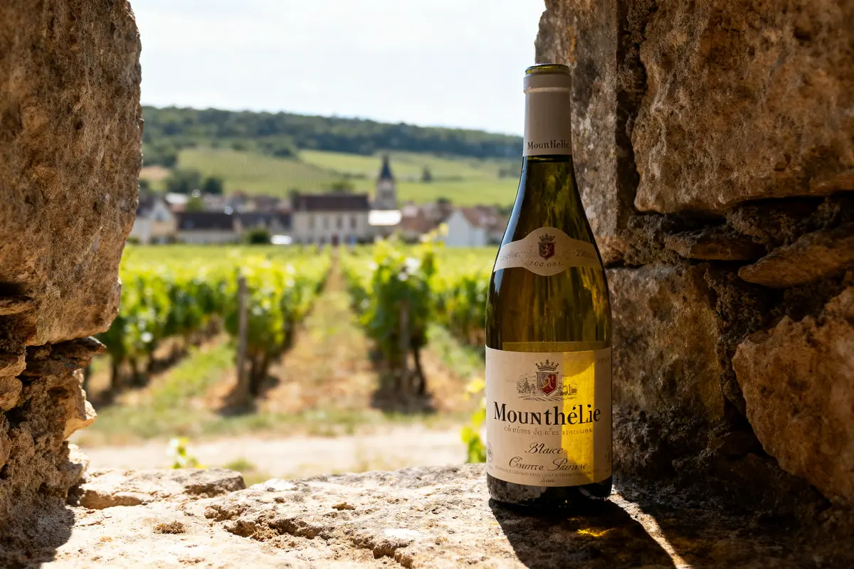 Bouteille de vin Mounthélie devant vignoble ensoleillé, vue à travers une ouverture en pierre.