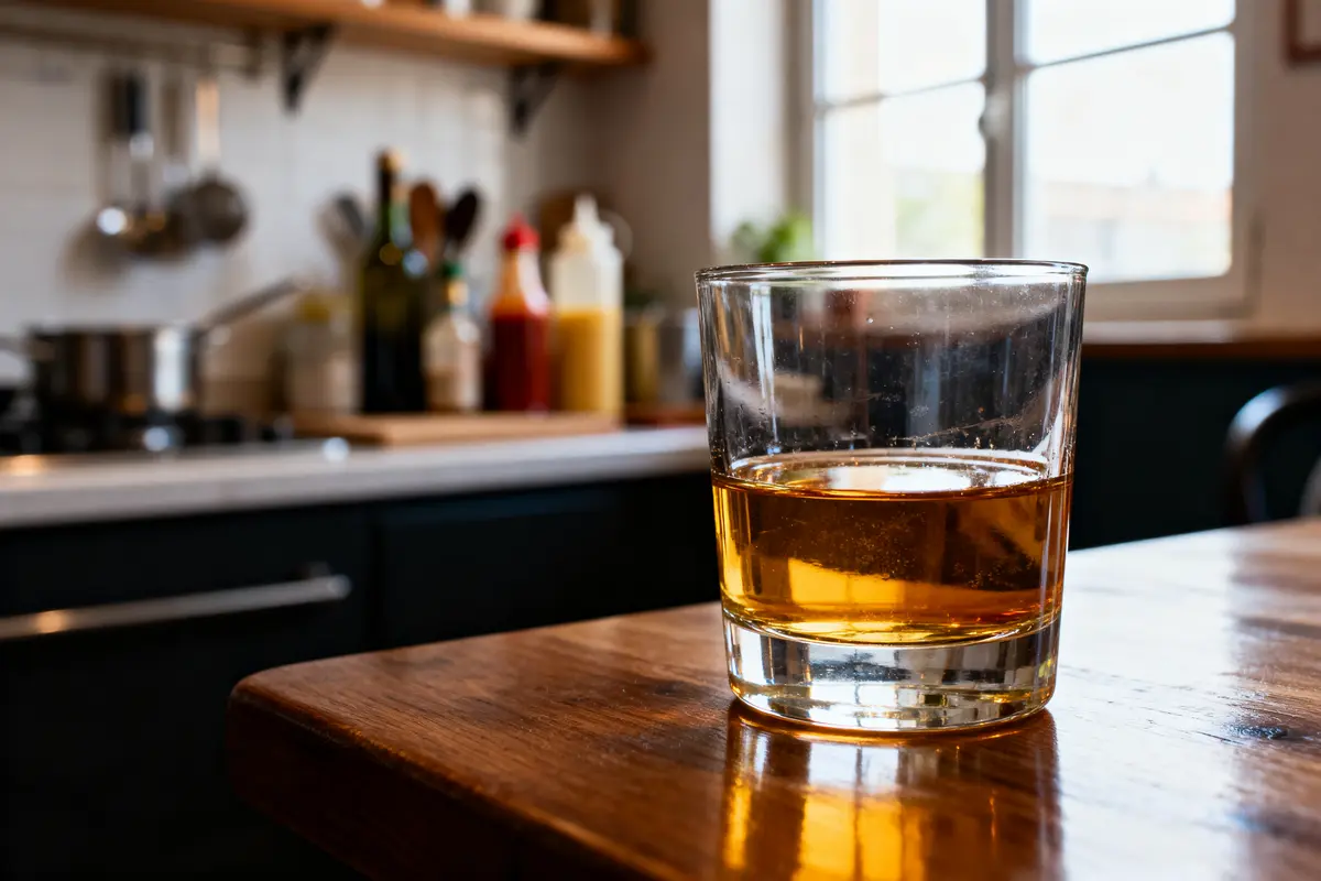 Verre de whisky sur table en bois dans une cuisine avec arrière-plan flou.