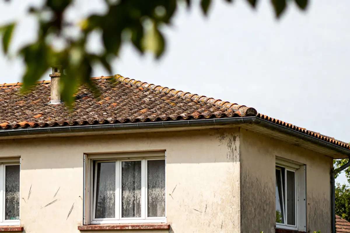 Maison avec toit en tuiles, fenêtres à rideaux, murs légèrement endommagés, branches floues au premier plan.