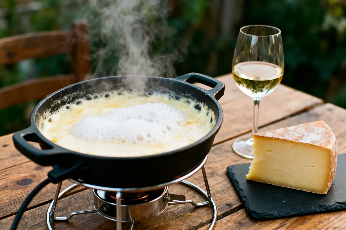 Poêlon de fondue fumante sur réchaud, accompagné de fromage et verre de vin blanc sur table en bois.