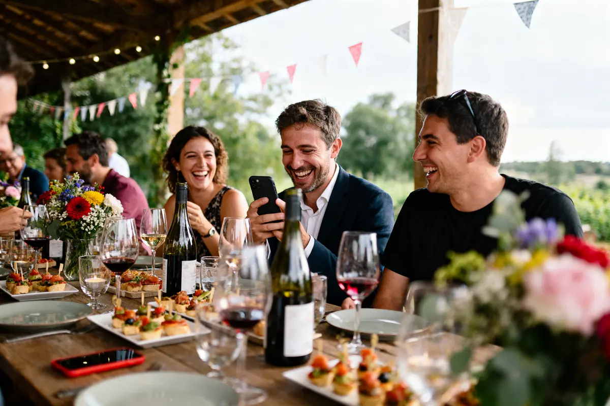 Personnes souriantes partageant un repas en extérieur, avec vin, fleurs et amuse-gueules sur la table.