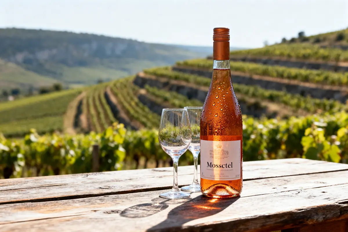 Bouteille de vin rosé et verres sur table en bois, vignoble en arrière-plan.
