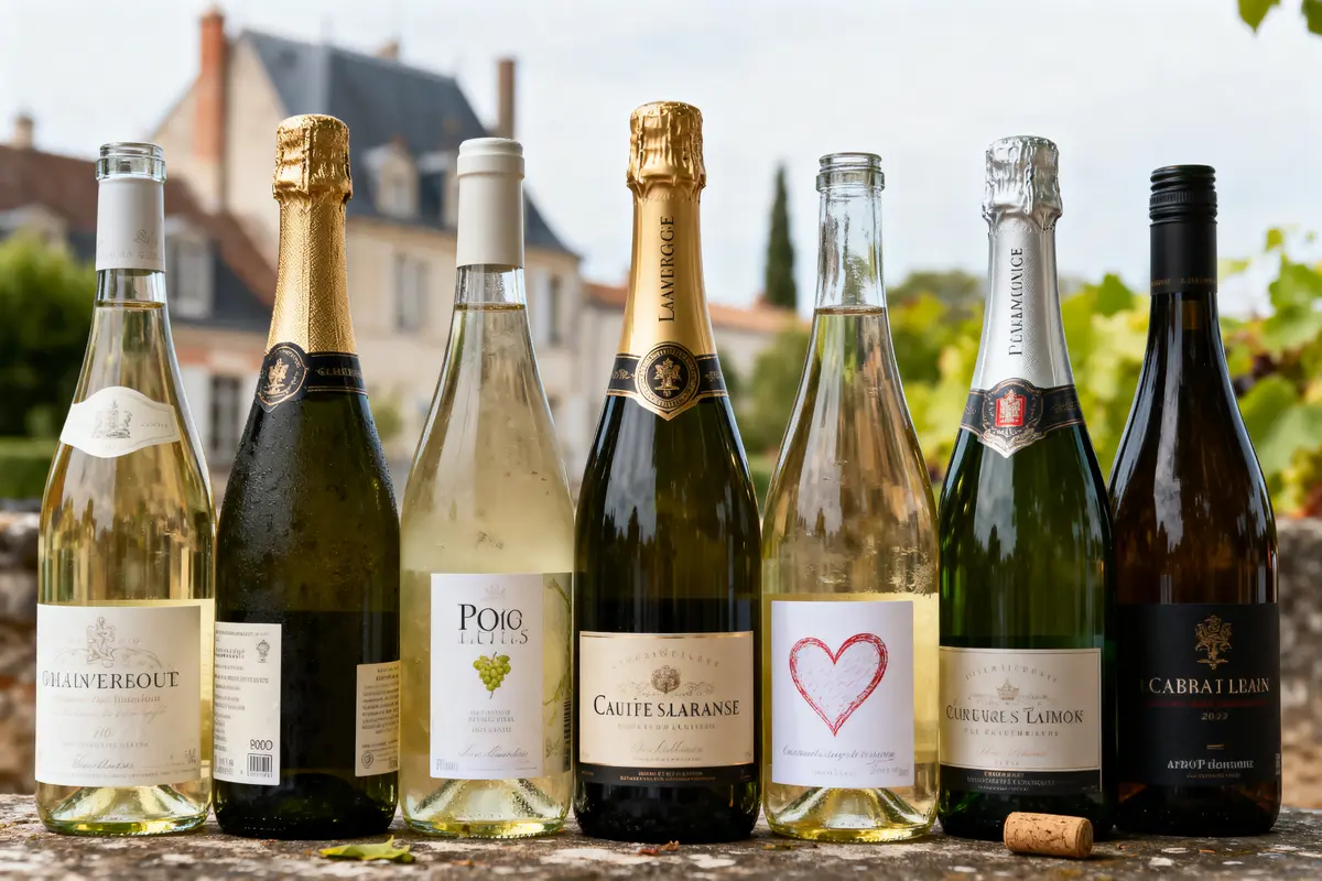 Sept bouteilles de vin blanc et mousseux alignées devant un bâtiment flou.